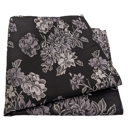 Black & Silver Floral Silk Pocket Square