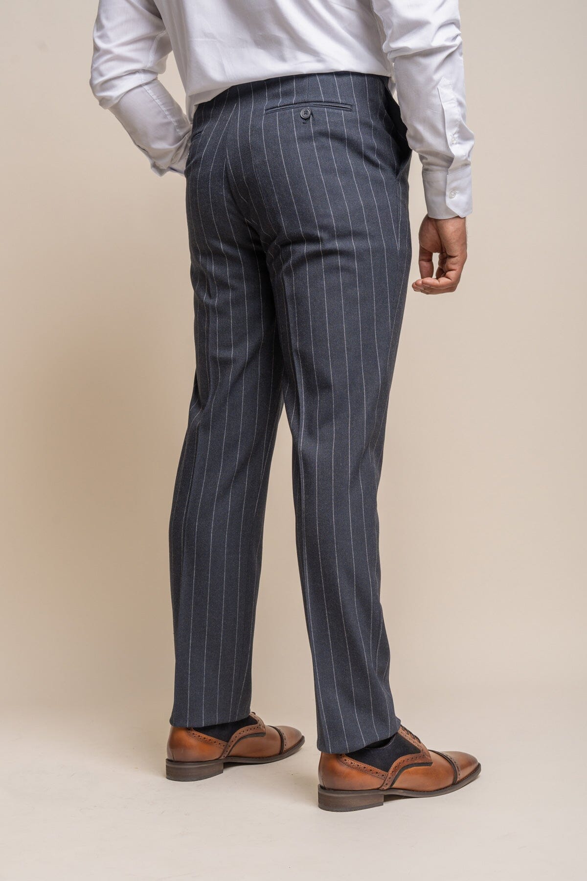 Invincible Navy Pinstripe 3 Piece Wedding Suit - Suits - 