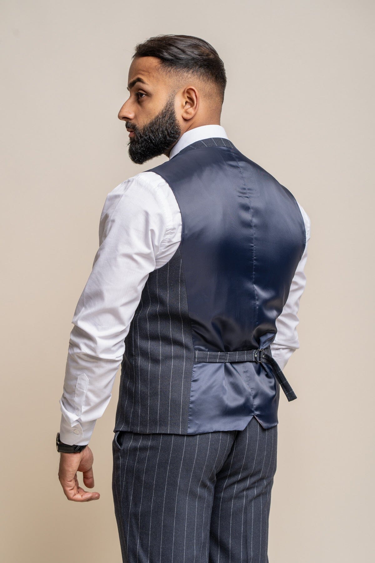 Invincible Navy Pinstripe 3 Piece Wedding Suit - Suits - 
