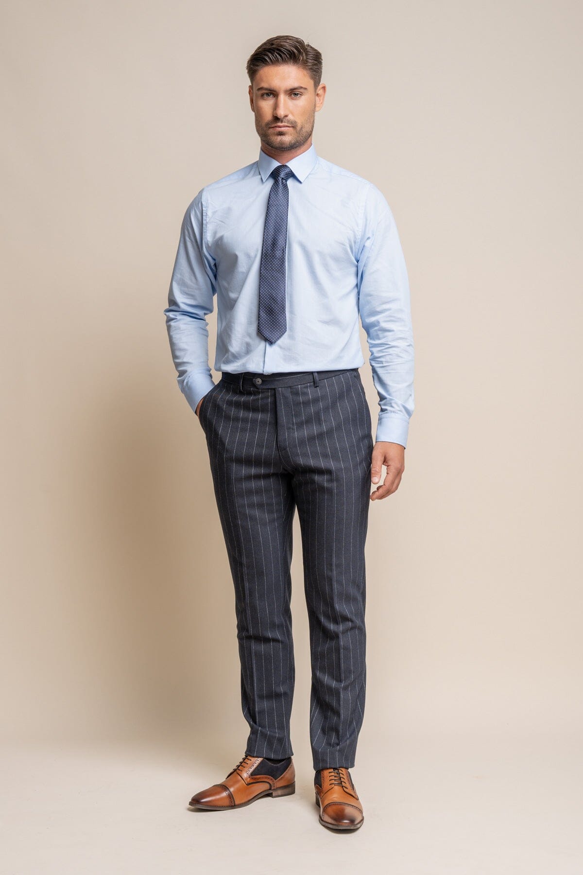 Invincible Navy Pinstripe 3 Piece Wedding Suit - Suits - 