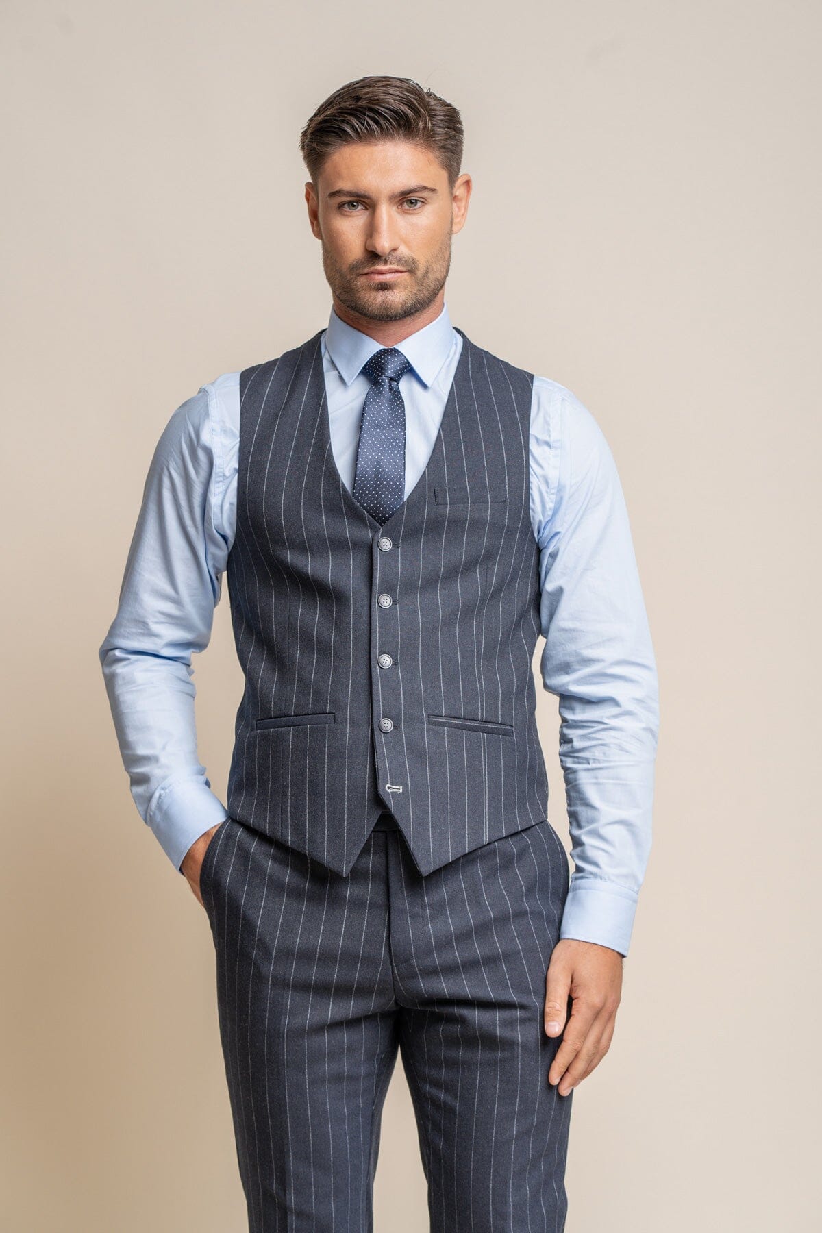 Invincible Navy Pinstripe 3 Piece Wedding Suit - Suits - 