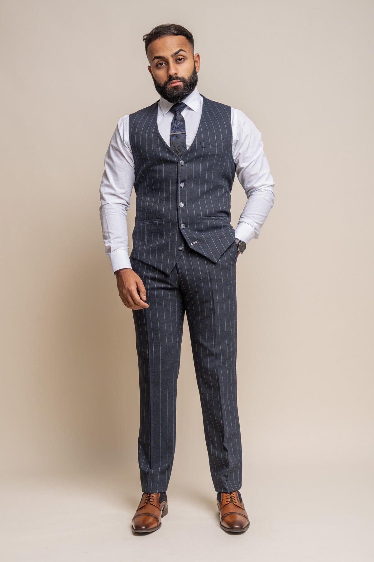 Invincible Navy Pinstripe 3 Piece Wedding Suit - Suits - 