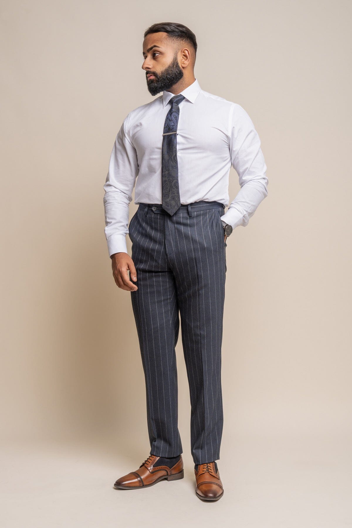 Invincible Navy Pinstripe 3 Piece Wedding Suit - Suits - 