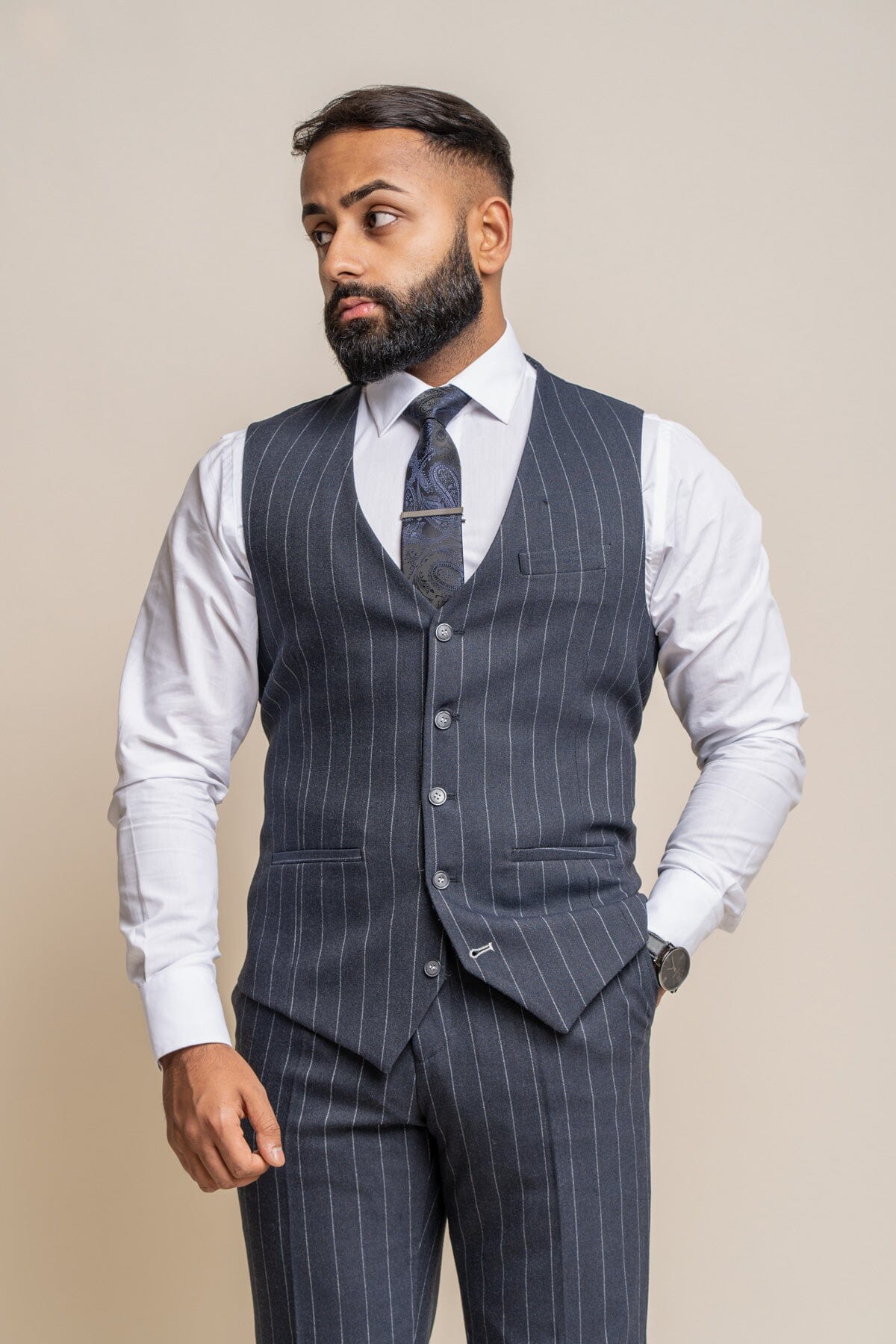 Invincible Navy Pinstripe 3 Piece Wedding Suit - Suits - 