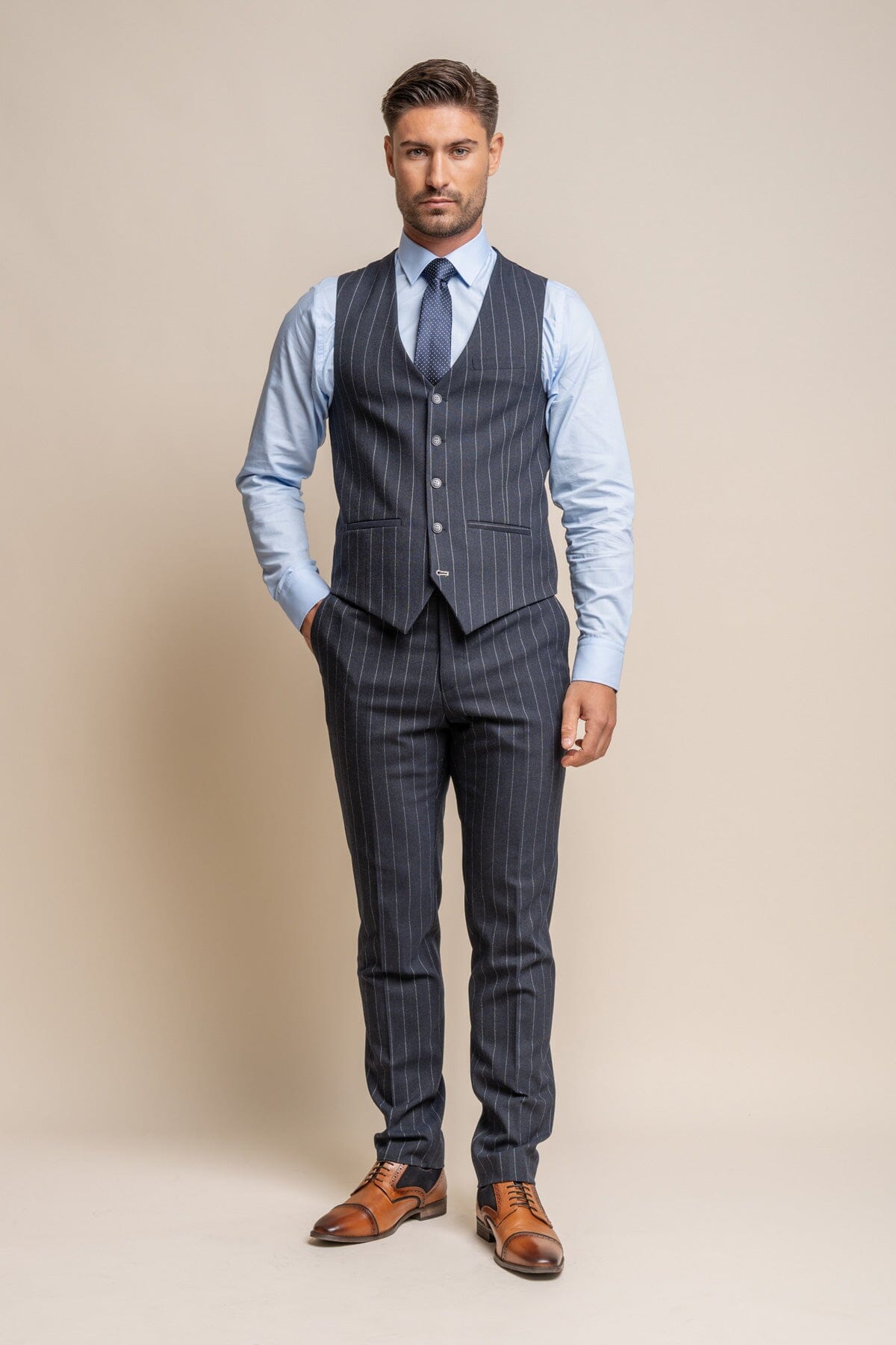 Invincible Navy Pinstripe 3 Piece Wedding Suit - Suits - 