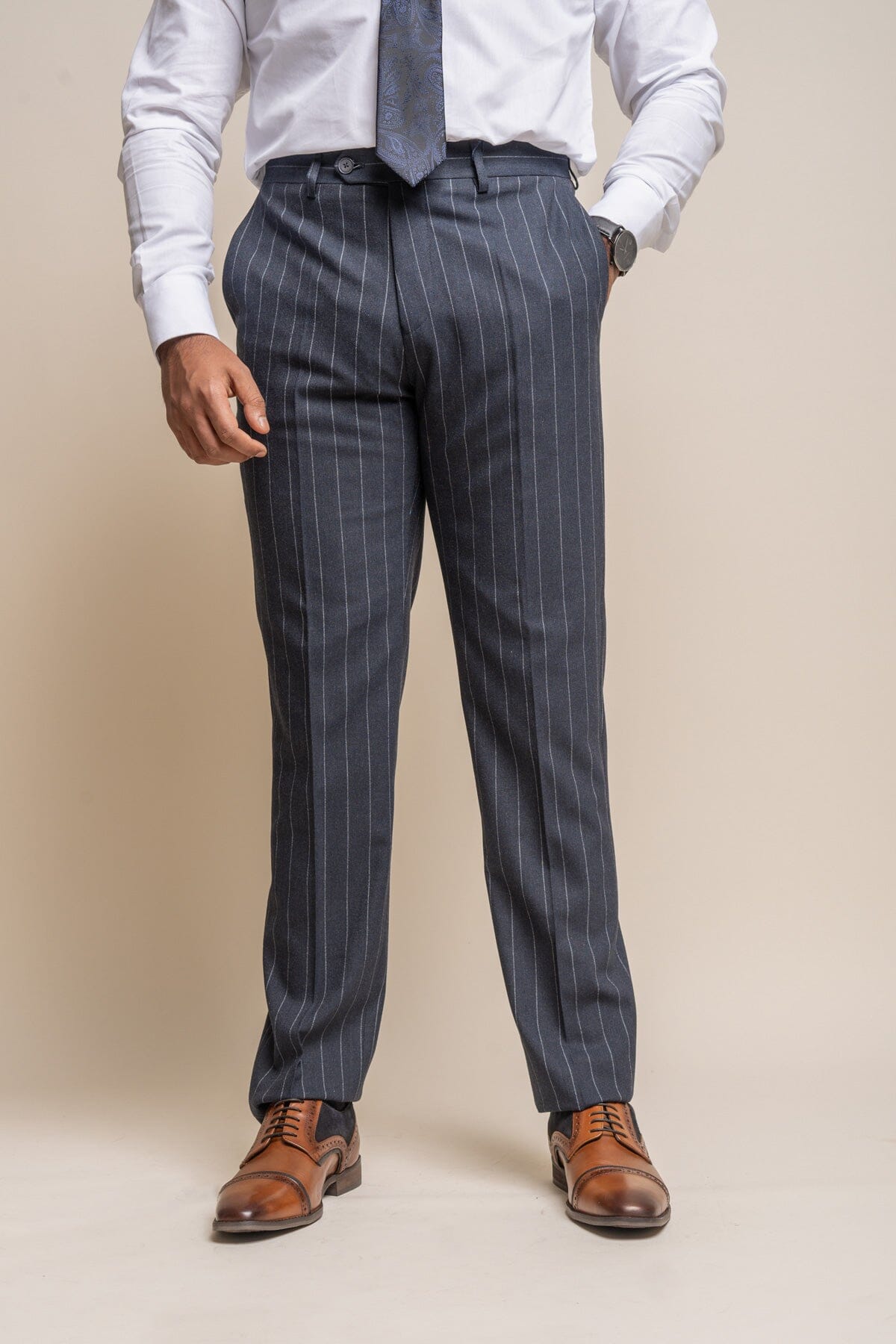 Invincible Navy Pinstripe 3 Piece Wedding Suit - Suits - 