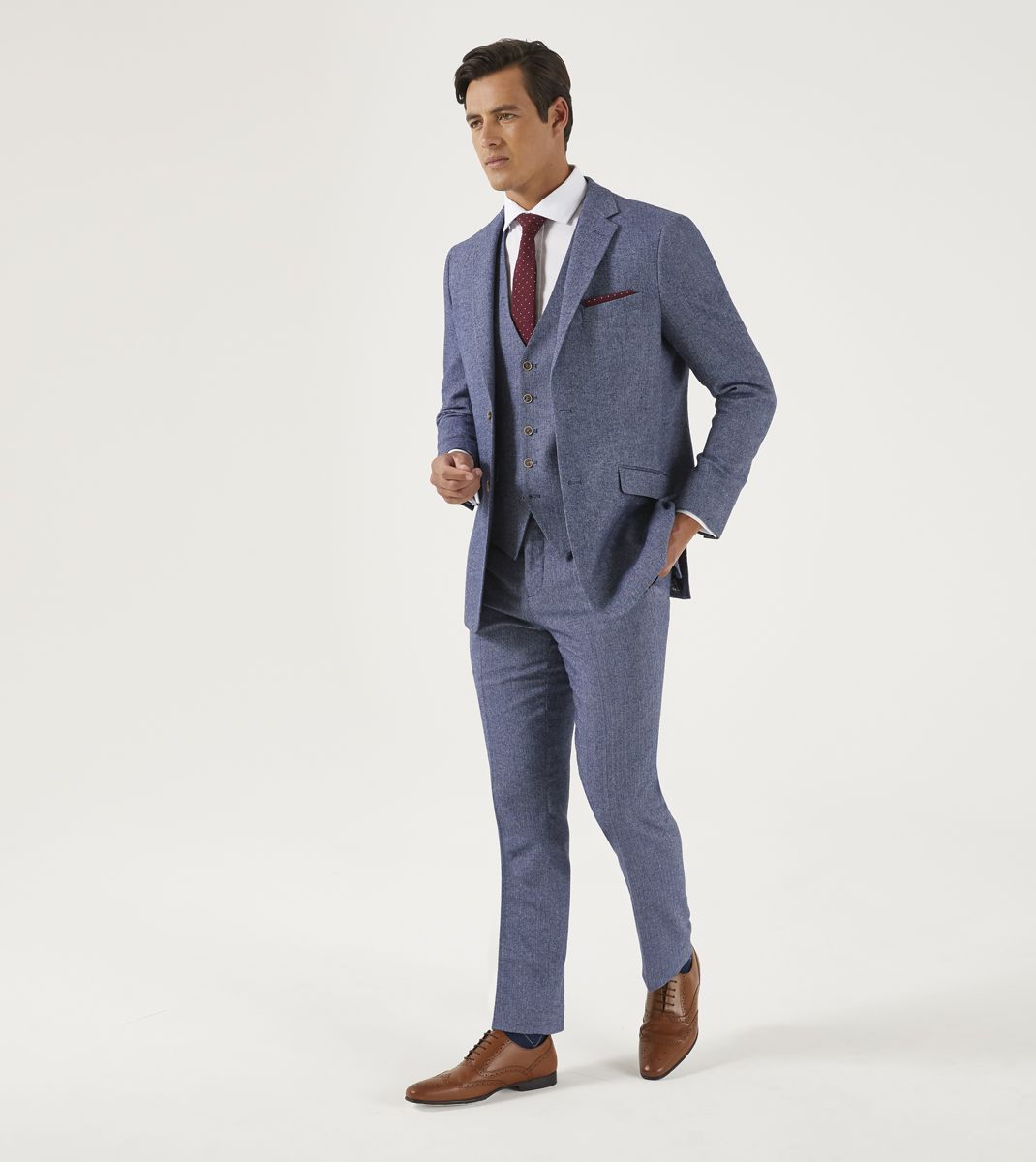 Jude Blue Herringbone Trousers - Trousers - 28R - Swagger & Swoon