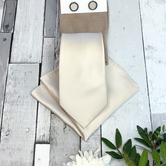 Antique Champagne Tie, Pocket Square with Socks, cufflinks and Tie Bar