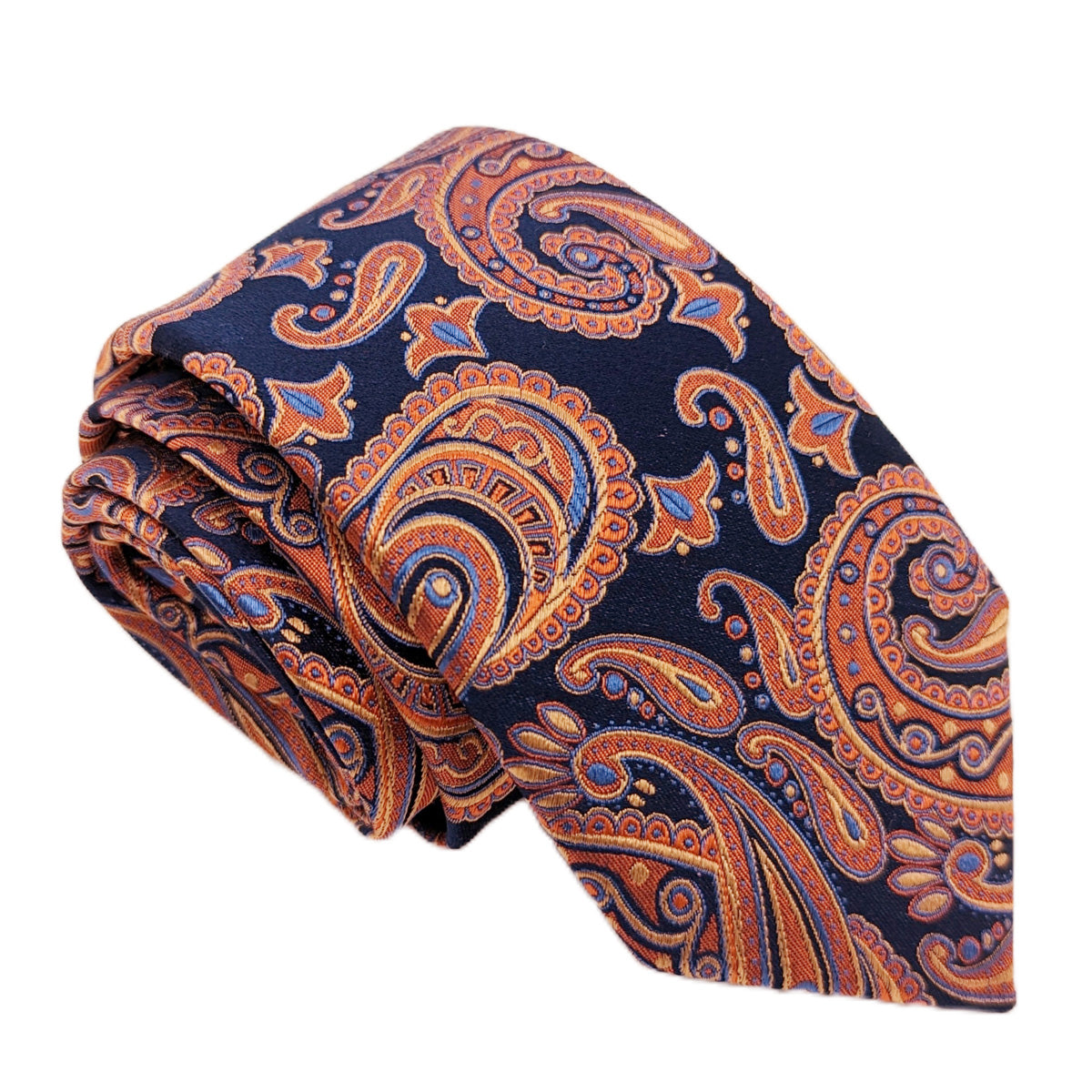 Navy & Orange Paisley Silk Wedding Tie
