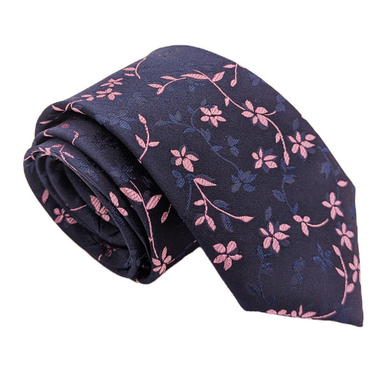 Navy & Pink Floral Silk Wedding Tie