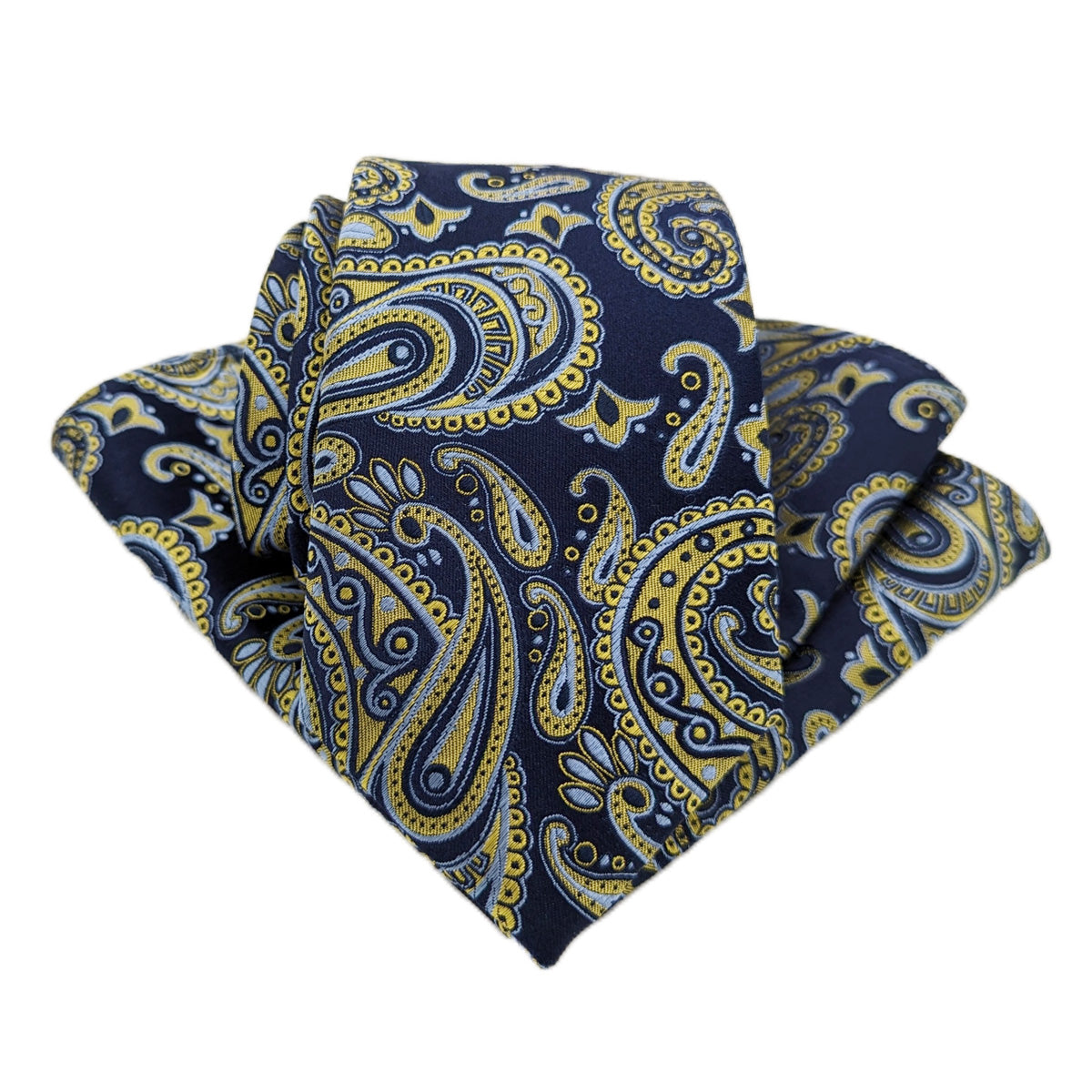 Navy & Yellow Paisley Silk Pocket Square