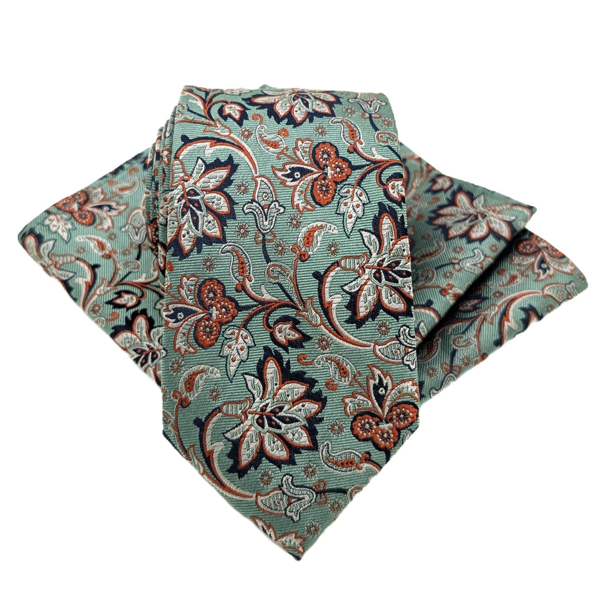 Green & Rust Flowers Silk Pocket Square