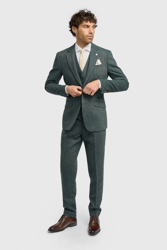 Thomas Olive Herringbone 3 Piece Suit - Suits - 