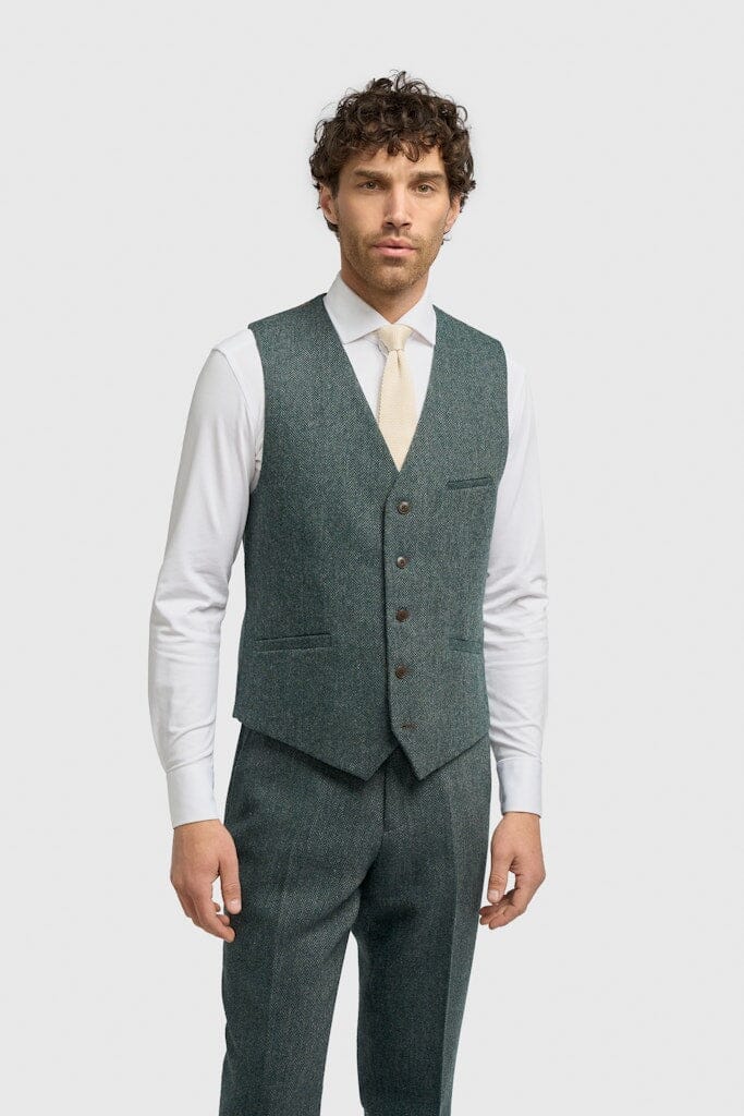 Thomas Olive Herringbone 3 Piece Suit - Suits - 