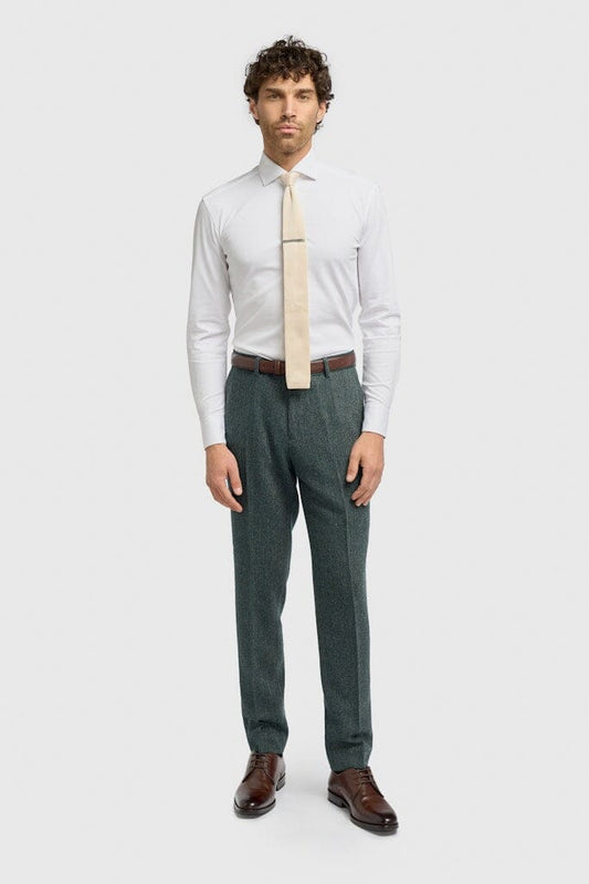 Thomas Olive Herringbone Trousers - Trousers - 