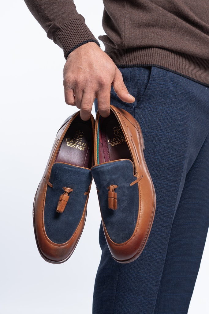 Freemont Tassel Tan & Navy Leather Loafers - Shoes - - THREADPEPPER
