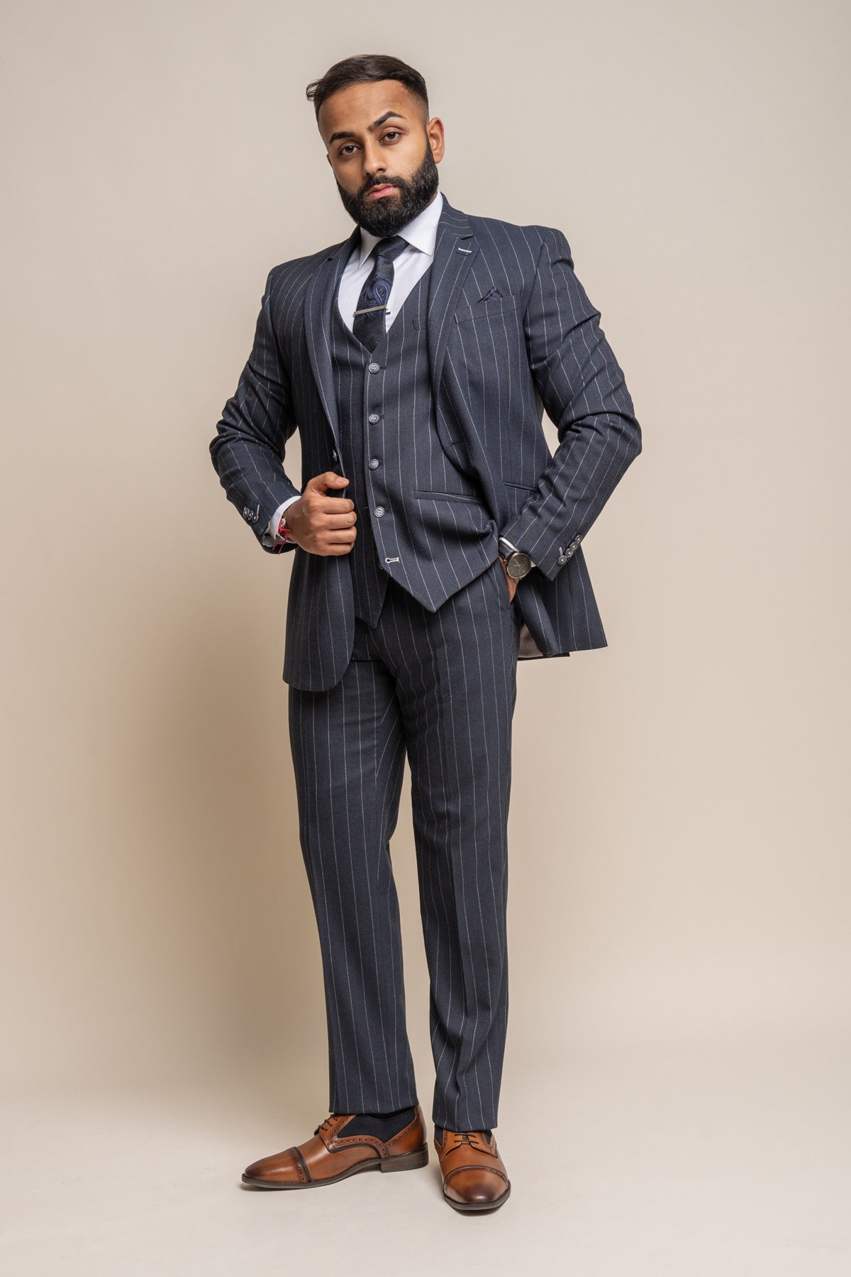 Invincible Navy Pinstripe Suit Swatch - Swatch - - Swagger & Swoon